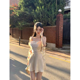 Gorunrun-hoco dresses -hoco dresses -Elegant Satin Mini Dress Women Fairy Party Prom Spaghetti Strap One Pieces Dresses Summer Ladies Vintage Korean Bodycon Vestidos