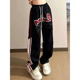 GORUNRUN Streetwear Striped Sweatpants Women Y2K Letter Print Oversize Joggers Harajuku Vintage Embroidery Baggy Wide Leg Trousers