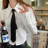 GORUNRUN-Preppy White Crop Shirts Women Korean Jk Tie Long Sleeve Blouses Student College Japanese Fashion Solid Slim All Match Tops New