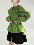 Gorunrun- Women Green Pleated Belted Big Size Blouse New Lapel Long Sleeve Loose Fit Shirt Fashion Tide Spring Autumn