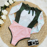 GORUNRUN-Summer Vacation Swimwear Beach Wear Backless Color Block Printed Surfing One Piece Swimsuit