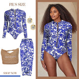 GORUNRUN-Summer Vacation Swimwear Beach Wear Long Sleeve Zip Front Blue White One Piece Surf Swimsuit and Sarong