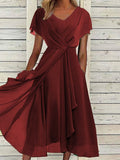 GORUNRUN  V Neck Elegant Chiffon Plain Dress