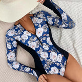 GORUNRUN-Summer Vacation Swimwear Beach Wear Long Sleeve Print Sexy One Piece Swimsuit