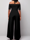 GORUNRUN Short Sleeve Cold Shoulder Black Jumpsuit