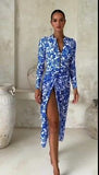 GORUNRUN-Summer Vacation Swimwear Beach Wear Long Sleeve Zip Front Blue White One Piece Surf Swimsuit and Sarong