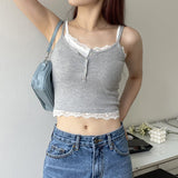 GORUNRUN-summer outfits y2k style casual spring outfits Patchwork Lace Button Up Crop Cami Top