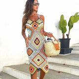 GORUNRUN-2024 SPRING AUTUMN OUTFITS Bohemian Sleeveless Open Back Contrast Granny Square Crochet Knit Midi Dress