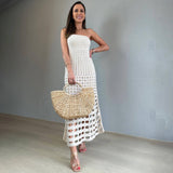 GORUNRUN-2024 SPRING AUTUMN OUTFITS Boho Style Ribbed Strapless Openwork Fishtail Crochet Knit Maxi Dress