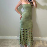 GORUNRUN-2024 SPRING AUTUMN OUTFITS Boho Style Ribbed Strapless Openwork Fishtail Crochet Knit Maxi Dress