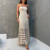 GORUNRUN-2024 SPRING AUTUMN OUTFITS Boho Style Ribbed Strapless Openwork Fishtail Crochet Knit Maxi Dress