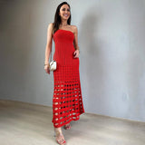 GORUNRUN-2024 SPRING AUTUMN OUTFITS Boho Style Ribbed Strapless Openwork Fishtail Crochet Knit Maxi Dress