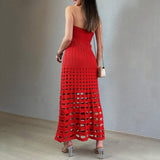 GORUNRUN-2024 SPRING AUTUMN OUTFITS Boho Style Ribbed Strapless Openwork Fishtail Crochet Knit Maxi Dress