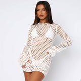 Gorunrun-hoco dresses -hoco dresses -2024 SPRING AUTUMN OUTFITS Breezy Crew Neck Cutout Back Bell Sleeve Openwork Crochet Knit Mini Dress