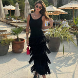 GORUNRUN-2024 SPRING AUTUMN OUTFITS Breezy Scoop Neck Open Back Sleeveless Layered Fringe Knit Maxi Dress