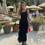 GORUNRUN-2024 SPRING AUTUMN OUTFITS Breezy Scoop Neck Open Back Sleeveless Layered Fringe Knit Maxi Dress