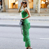 GORUNRUN-2024 SPRING AUTUMN OUTFITS Breezy Scoop Neck Open Back Sleeveless Layered Fringe Knit Maxi Dress