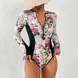 GORUNRUN-Summer Vacation Swimwear Beach Wear Long Sleeve Print Sexy One Piece Swimsuit