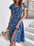 GORUNRUN  Elegant Regular Fit Ruffled Sleeves Floral Square Neck Dress