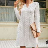 Gorunrun-hoco dresses -hoco dresses -2024 SPRING AUTUMN OUTFITS Casual V Neck Long Sleeve Side Split Winter Cable Knit Sweater Mini Dress