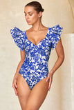 GORUNRUN-Summer Vacation Swimwear Beach Wear Ruffle Blue and White Porcelain Printed One Piece Swimsuit and Sarong