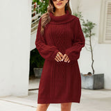 GORUNRUN-2024 SPRING AUTUMN OUTFITS Chic Cowl Neck Balloon Sleeve Fisherman Cable Knit Mini Sweater Dress