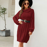 GORUNRUN-2024 SPRING AUTUMN OUTFITS Chic Cowl Neck Balloon Sleeve Fisherman Cable Knit Mini Sweater Dress