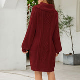 GORUNRUN-2024 SPRING AUTUMN OUTFITS Chic Cowl Neck Balloon Sleeve Fisherman Cable Knit Mini Sweater Dress