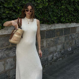 GORUNRUN-2024 SPRING AUTUMN OUTFITS Chic Mock Neck Boucle Knit Fringe Fishtail Sleeveless Maxi Sweater Dress