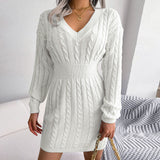 GORUNRUN-2024 SPRING AUTUMN OUTFITS Classic V Neck Fisherman Cable Knit Mini Pullover Sweater Dress