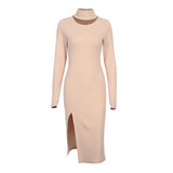 GORUNRUN-2024 SPRING AUTUMN OUTFITS Cozy Khaki Chic Split High Neck Long Sleeve Rib Knit Midi Bodycon Dress