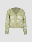 GORUNRUN-Ins Style Street Fashion Green Cashew Flower Loose Knit Cardigan