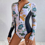 GORUNRUN-Summer Vacation Swimwear Beach Wear Long Sleeve Print Sexy One Piece Swimsuit