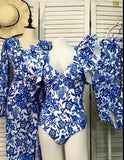 GORUNRUN-Summer Vacation Swimwear Beach Wear Ruffle Blue and White Porcelain Printed One Piece Swimsuit and Sarong