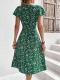 GORUNRUN  Elegant Regular Fit Ruffled Sleeves Floral Square Neck Dress