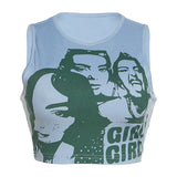 GORUNRUN-summer outfits y2k style casual spring outfits Girl Print Rib Cropped Tank Top