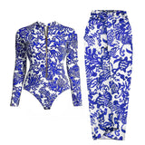 GORUNRUN-Summer Vacation Swimwear Beach Wear Long Sleeve Zip Front Blue White One Piece Surf Swimsuit and Sarong