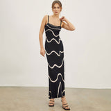 GORUNRUN-2024 SPRING AUTUMN OUTFITS Elegant Contrast Wavy Print Sleeveless Spaghetti Strap Maxi Slip Knit Sweater Dress