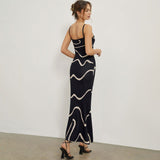 GORUNRUN-2024 SPRING AUTUMN OUTFITS Elegant Contrast Wavy Print Sleeveless Spaghetti Strap Maxi Slip Knit Sweater Dress