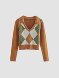 GORUNRUN-Ins Style Street Fashion Brown Retro Diamond Check Knit Sweater