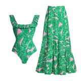 GORUNRUN-Summer Vacation Swimwear Beach Wear Ruffle Jungle Printed One Piece Swimsuit and Skirt