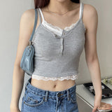 GORUNRUN-summer outfits y2k style casual spring outfits Patchwork Lace Button Up Crop Cami Top