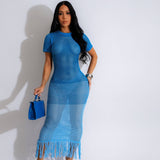 GORUNRUN-2024 SPRING AUTUMN OUTFITS Flowy Fringe Ombre Scalloped Short Sleeve Sheer Crochet Knit Maxi Dress