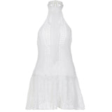 GORUNRUN-2024 SPRING AUTUMN OUTFITS Flowy Ruffle Sleeveless Summer Sheer Crochet Knit Halter Mini Sundress