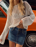 GORUNRUN-Ins Style Street Fashion Crochet Hollow Out Solid Color Loose Knit Top