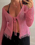 GORUNRUN-Ins Style Street Fashion Sequins Frayed Trim Crochet Cardigan