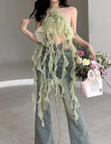 GORUNRUN-Ins Style Street Fashion Flower Decor Ruffle Fringe Halter Camisole For