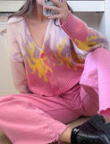 GORUNRUN-Ins Style Street Fashion Pink and Purple Flame Button Knit Cardigan