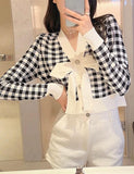 GORUNRUN-Ins Style Street Fashion Bowknot Decor Plaid Knit Cardigan