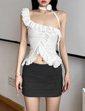 GORUNRUN-Ins Style Street Fashion Floral Halter Neck Slanted Shoulder Irregular Ruffle Trimmed Cropped Vest